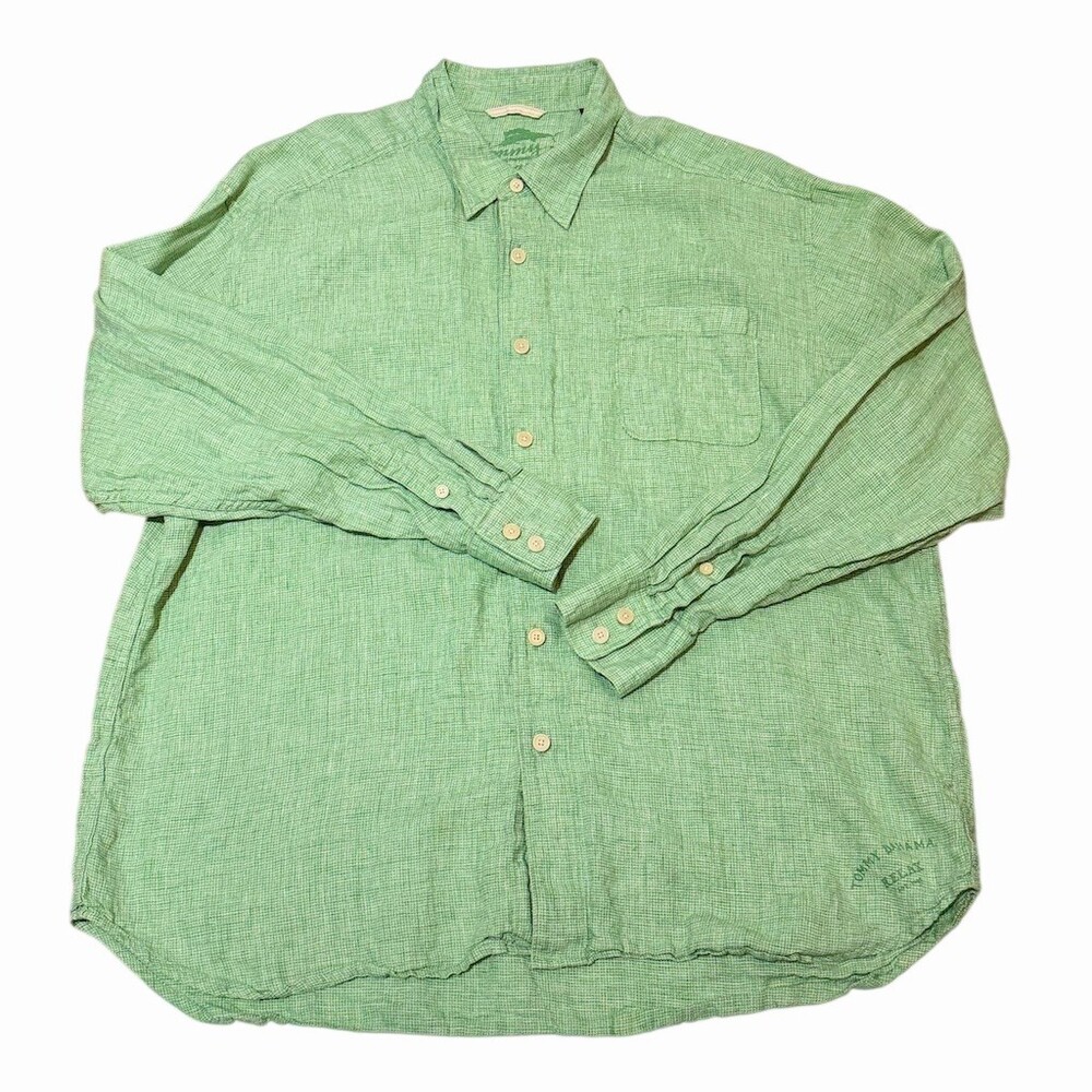 Tommy Bahama Relax Green 100% Linen Button Up Shirt Men 2XL Long Sleeve Resort